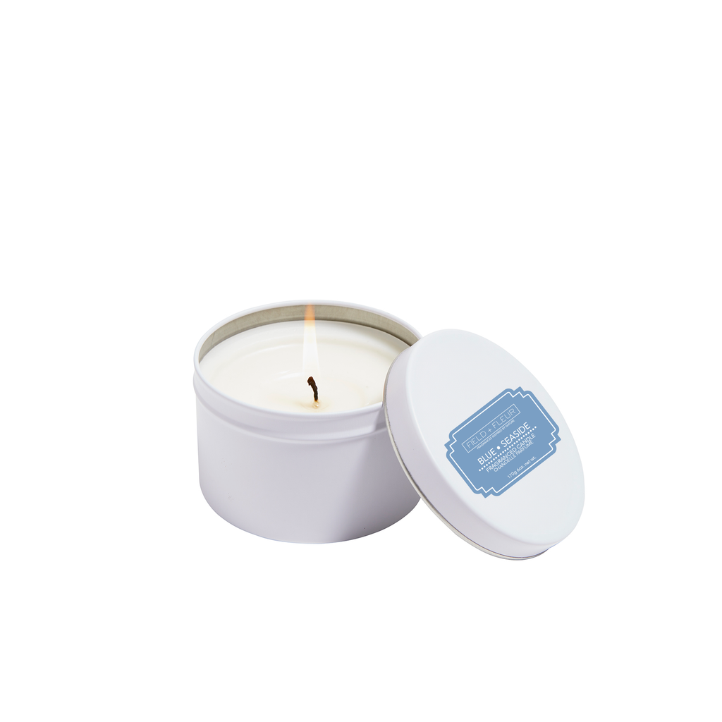 Blue Seaside candle in white tin 6oz.