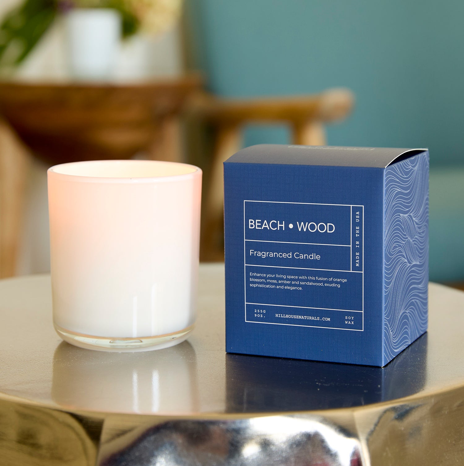Beach Wood candle in white glass in box 9oz.