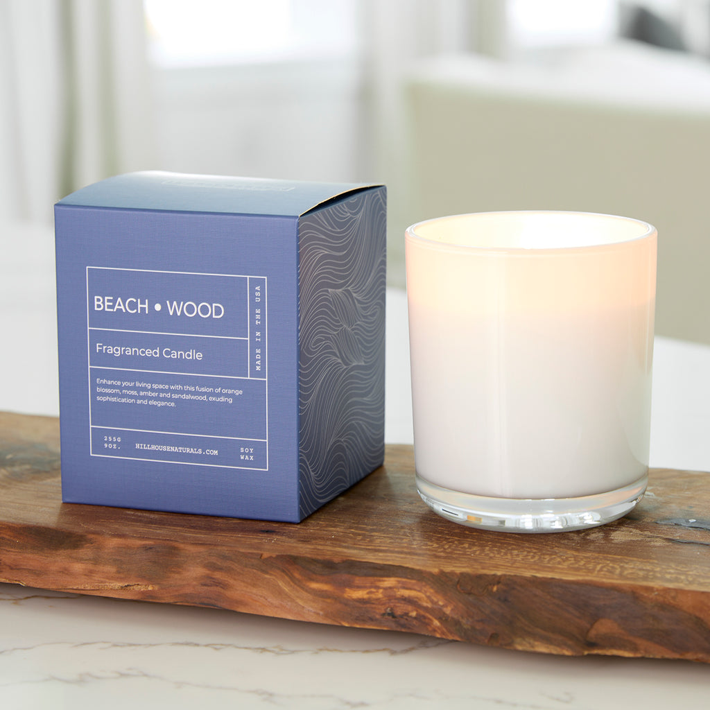 Beach Wood candle in white glass in box 9oz.