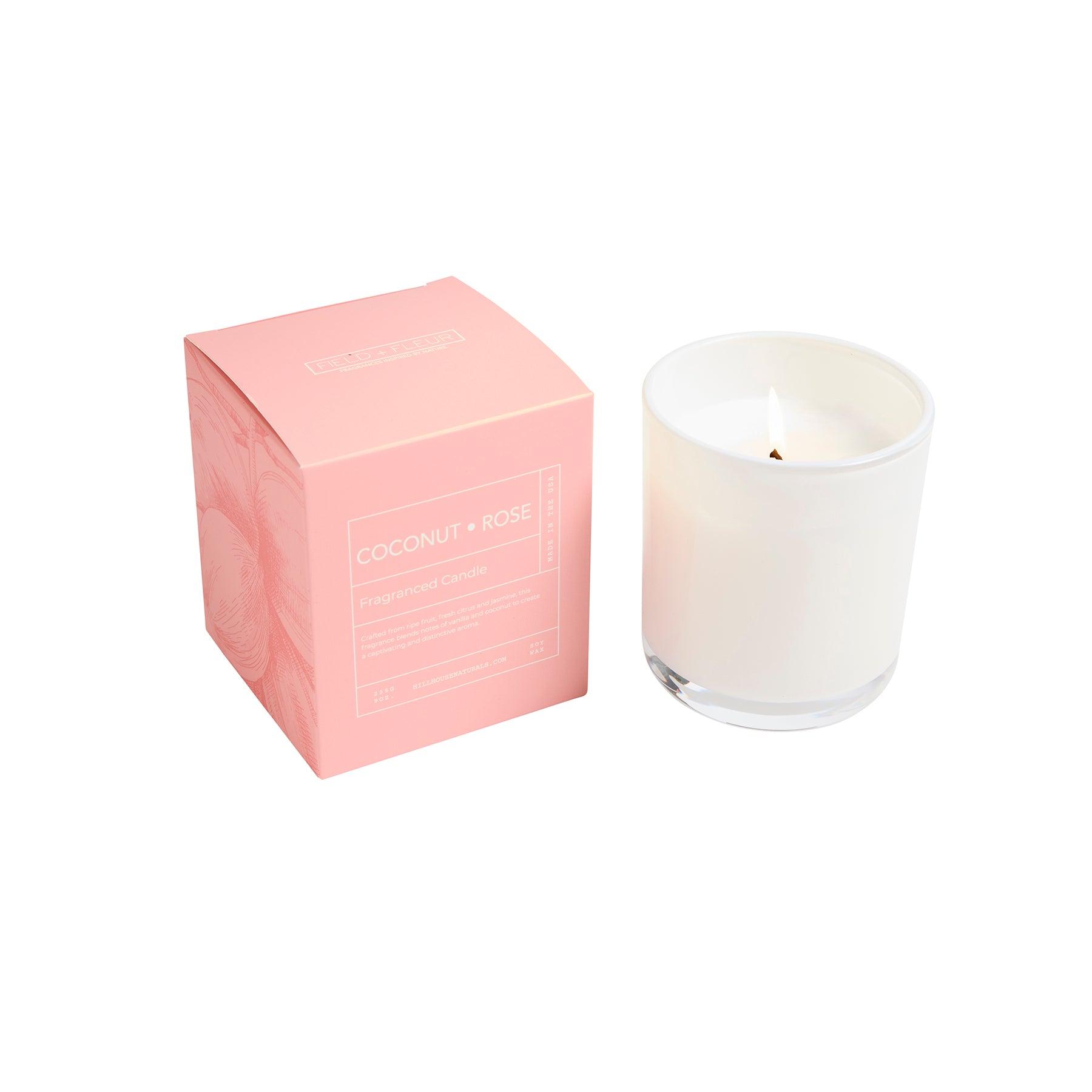 Coconut Rose' candle in white glass in box 9oz.