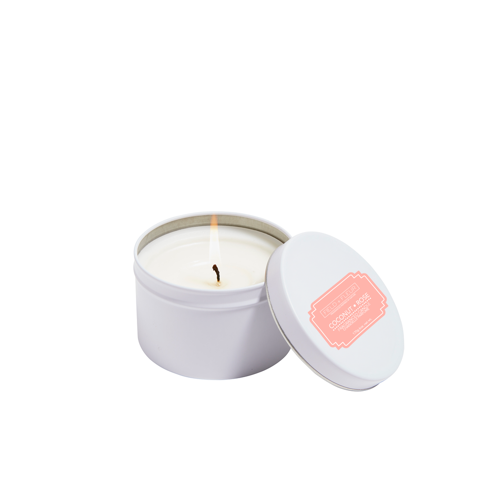 Coconut Rose' candle in white tin 6oz.