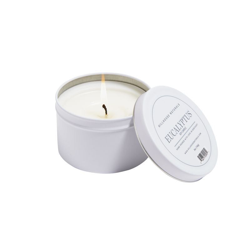 Eucalyptus candle in white tin 5oz.