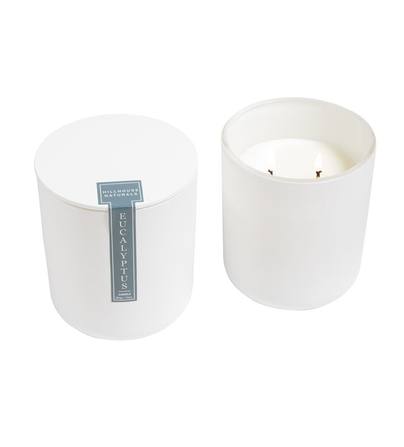 Eucalyptus 2 wick candle in modern white vessel w/lid 10oz.
