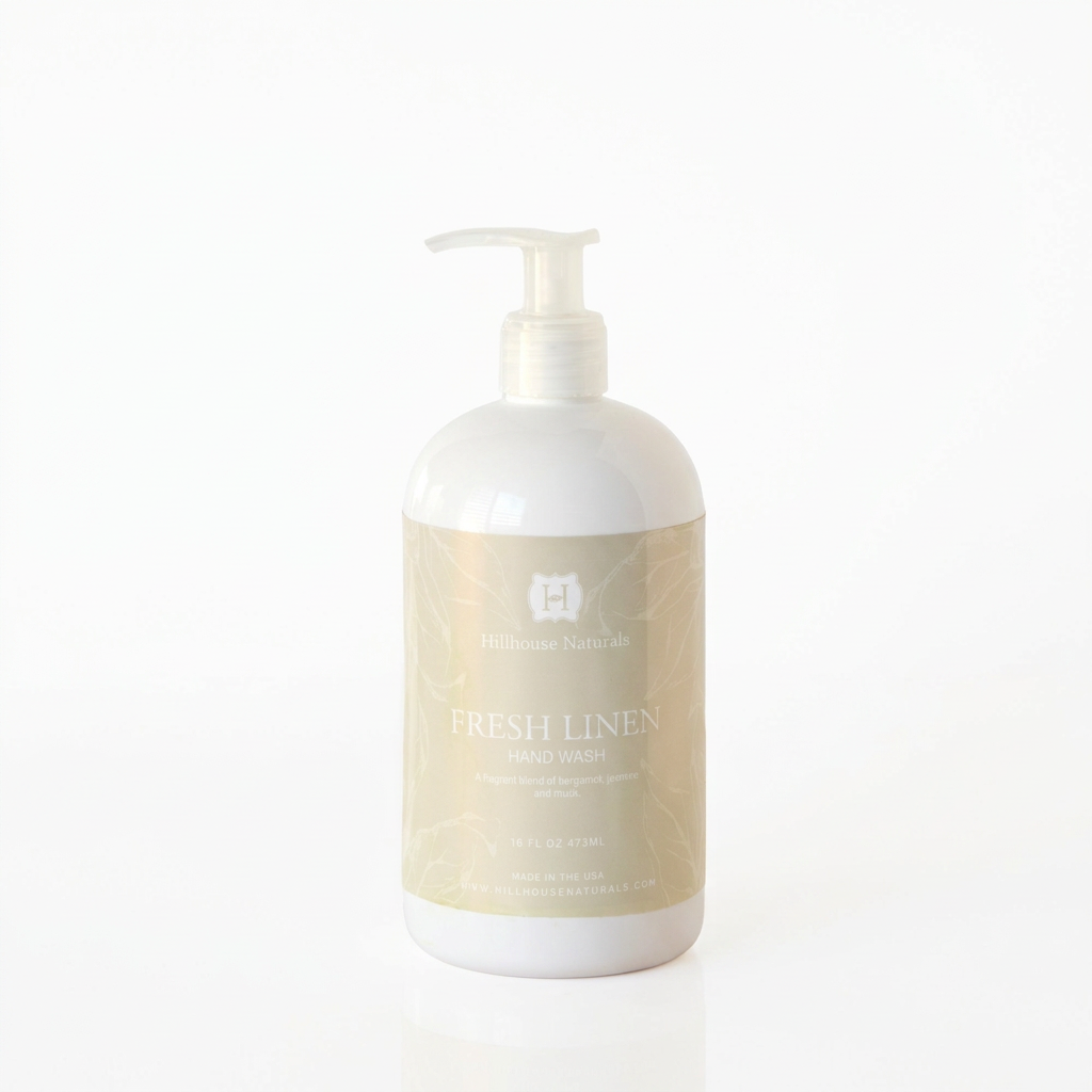 A 16 fl oz pump bottle of Hillhouse Naturals Fresh Linen Hand Wash, featuring a white bottle and a beige label with subtle botanical line art.