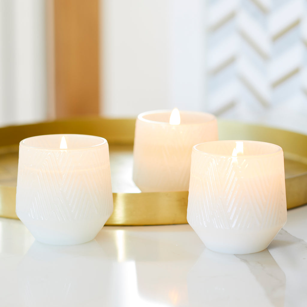 Birchwood & Spruce candle in white decorative glass 5oz.