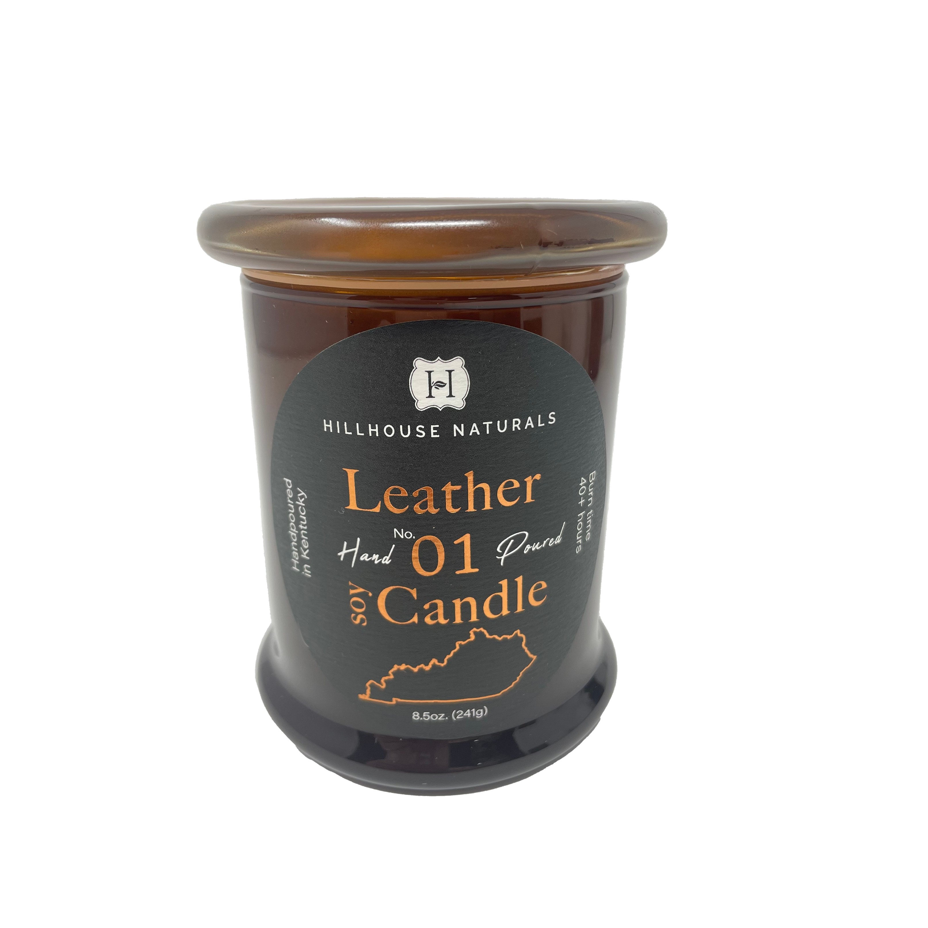 Leather 1 wick candle in brown jar w/lid 8.5oz.