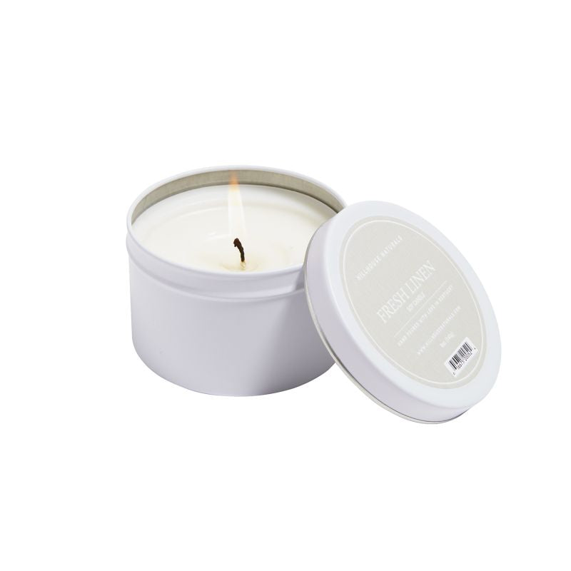 Fresh Linen candle in white tin 5oz.