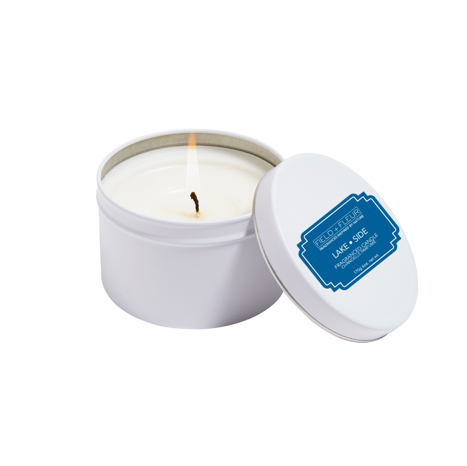Lake Side candle in white tin 6oz.
