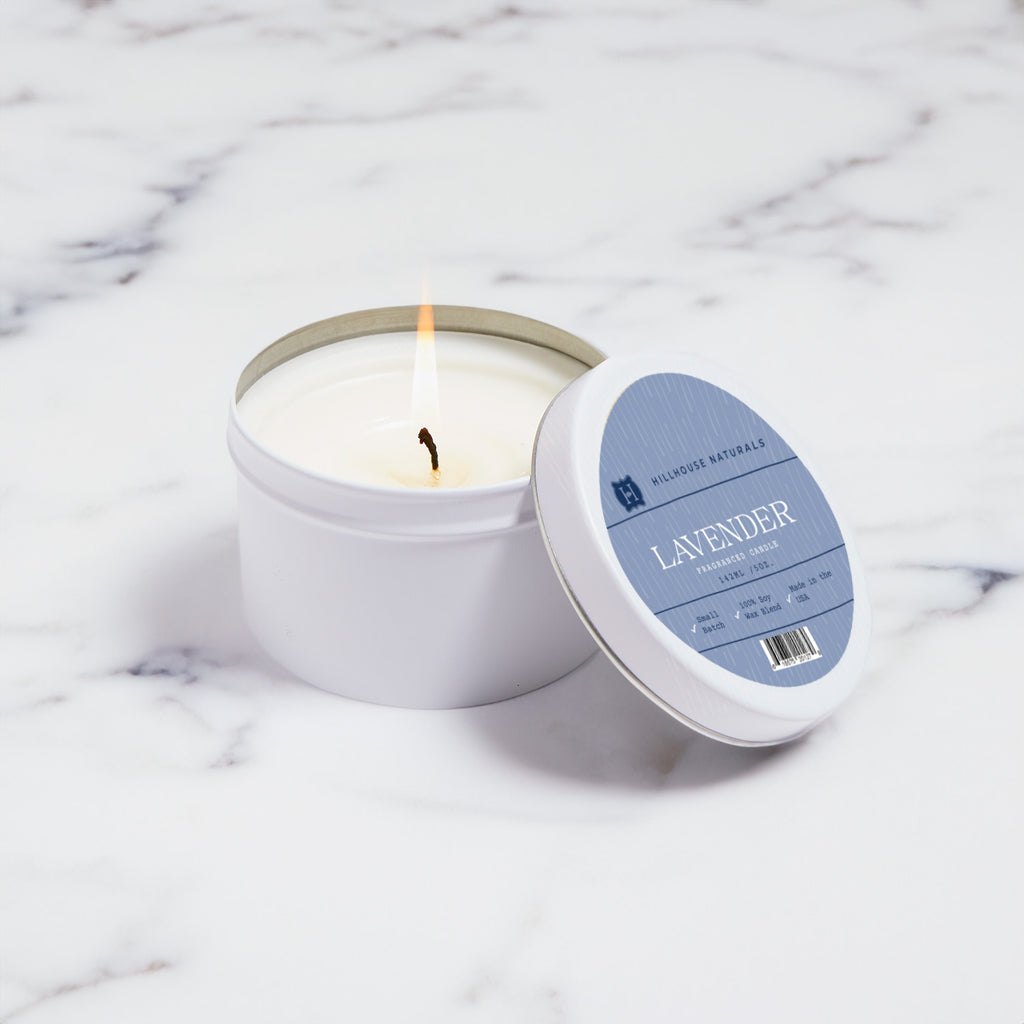 Lavender candle in white tin 5oz.