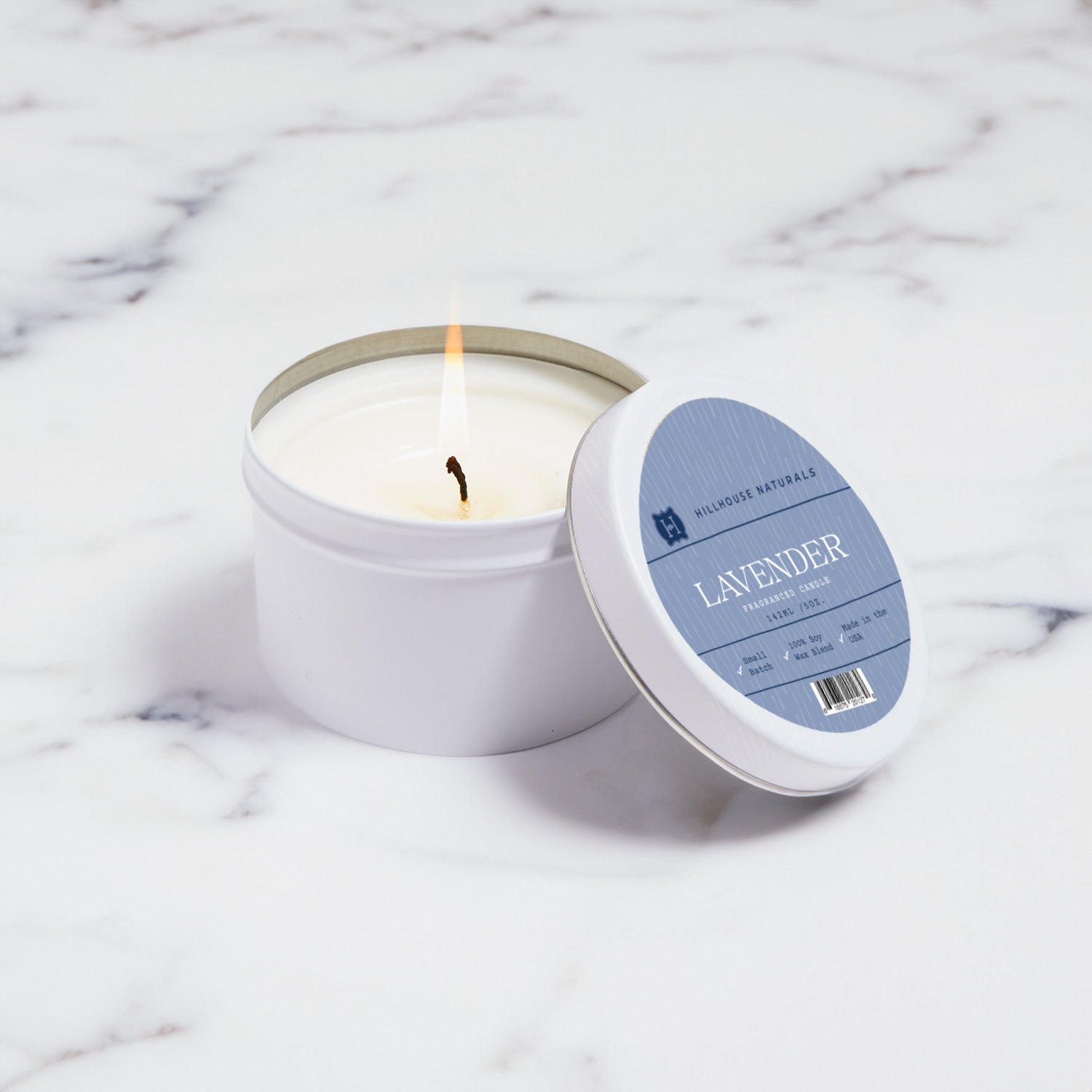 Lavender candle in white tin 5oz.