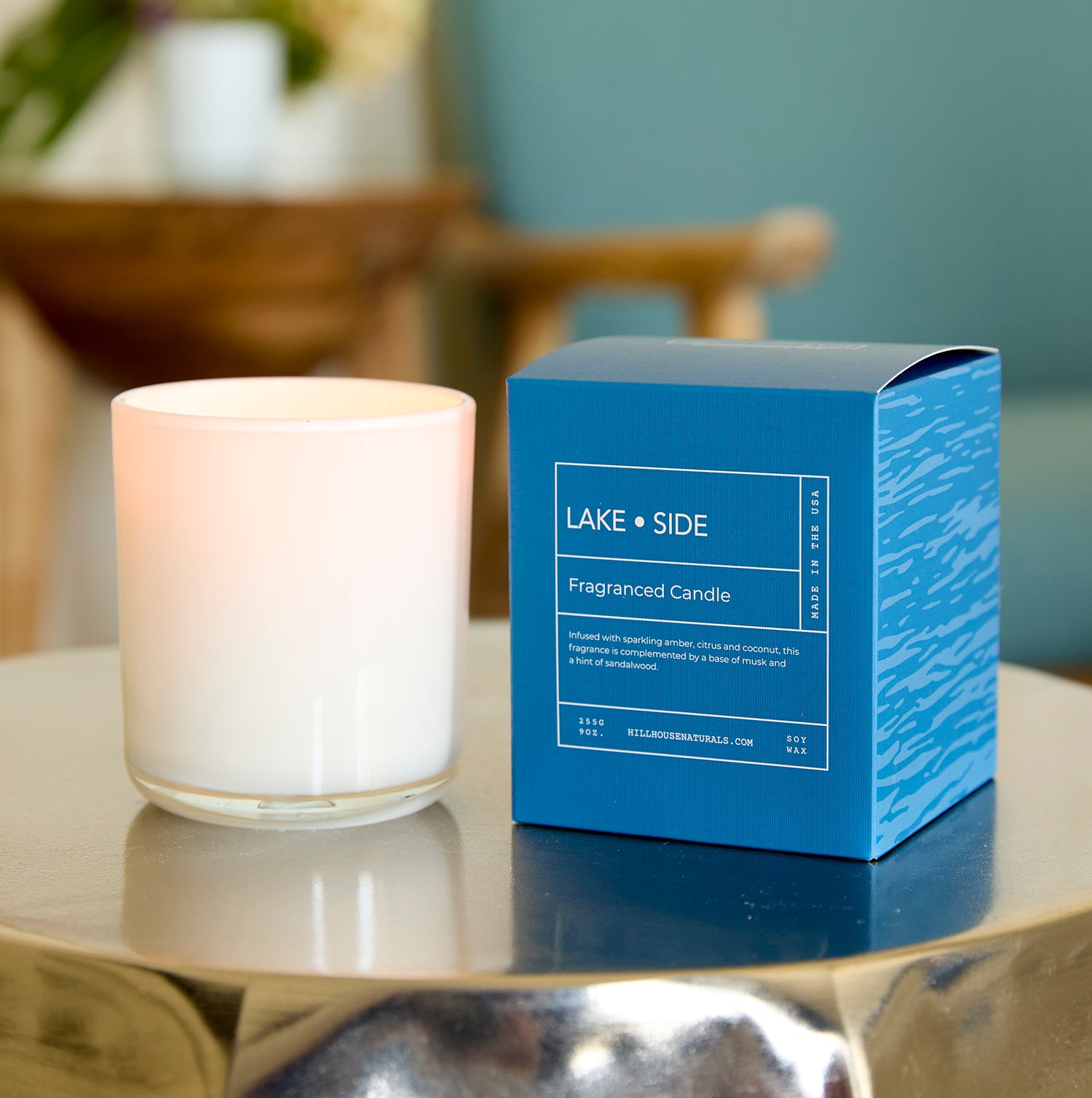 Lake Side candle in white glass in box 9oz.