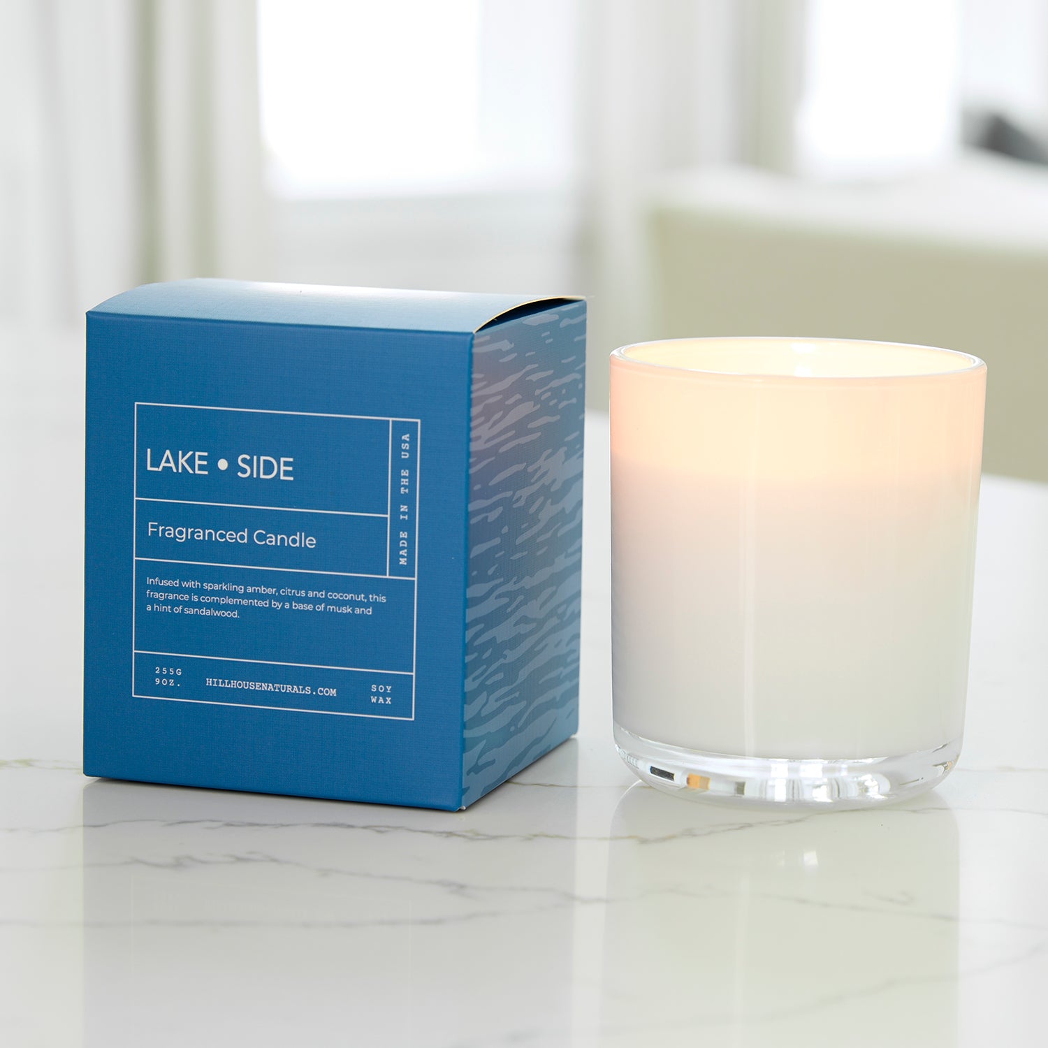Lake Side candle in white glass in box 9oz.