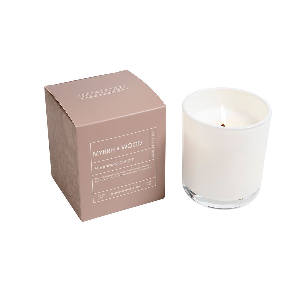 Myrrh Wood candle in white glass in box 9oz.