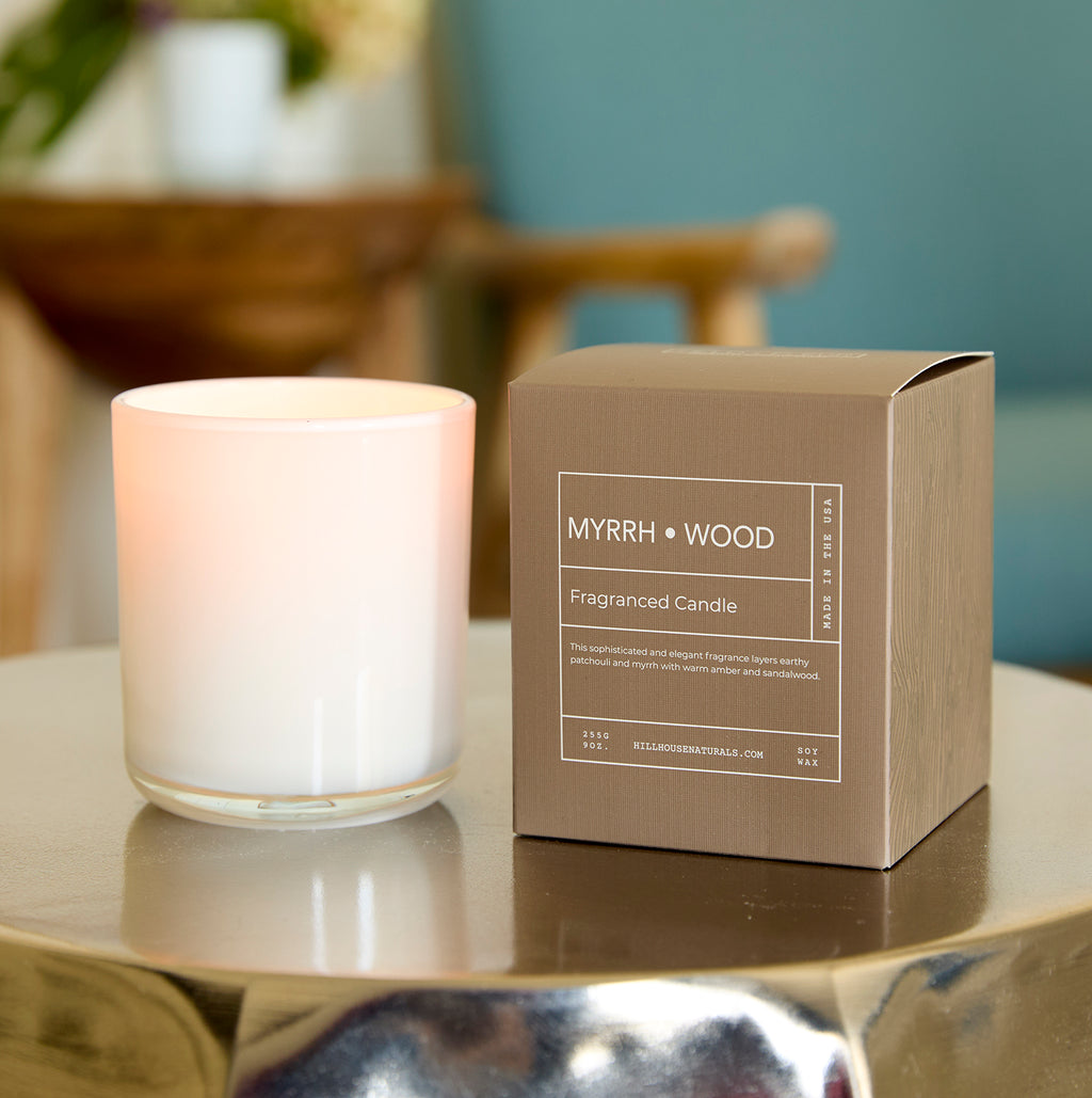 Myrrh Wood candle in white glass in box 9oz.