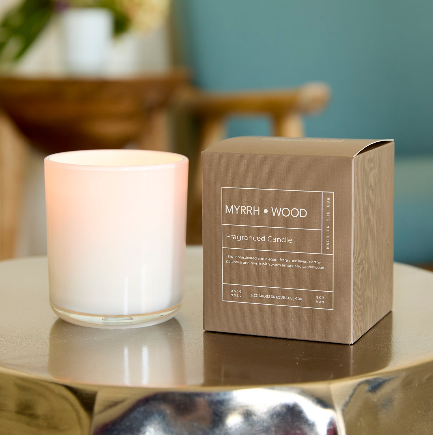 Myrrh Wood candle in white glass in box 9oz.