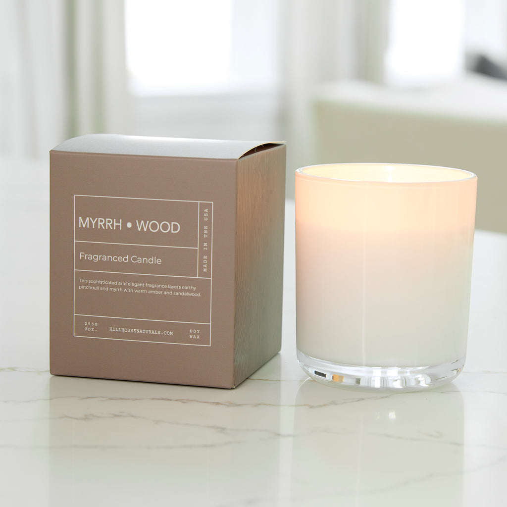 Myrrh Wood candle in white glass in box 9oz.