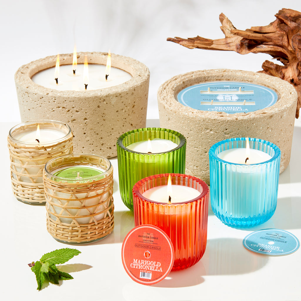 Marigold Citronella candle in concrete pot 32oz.