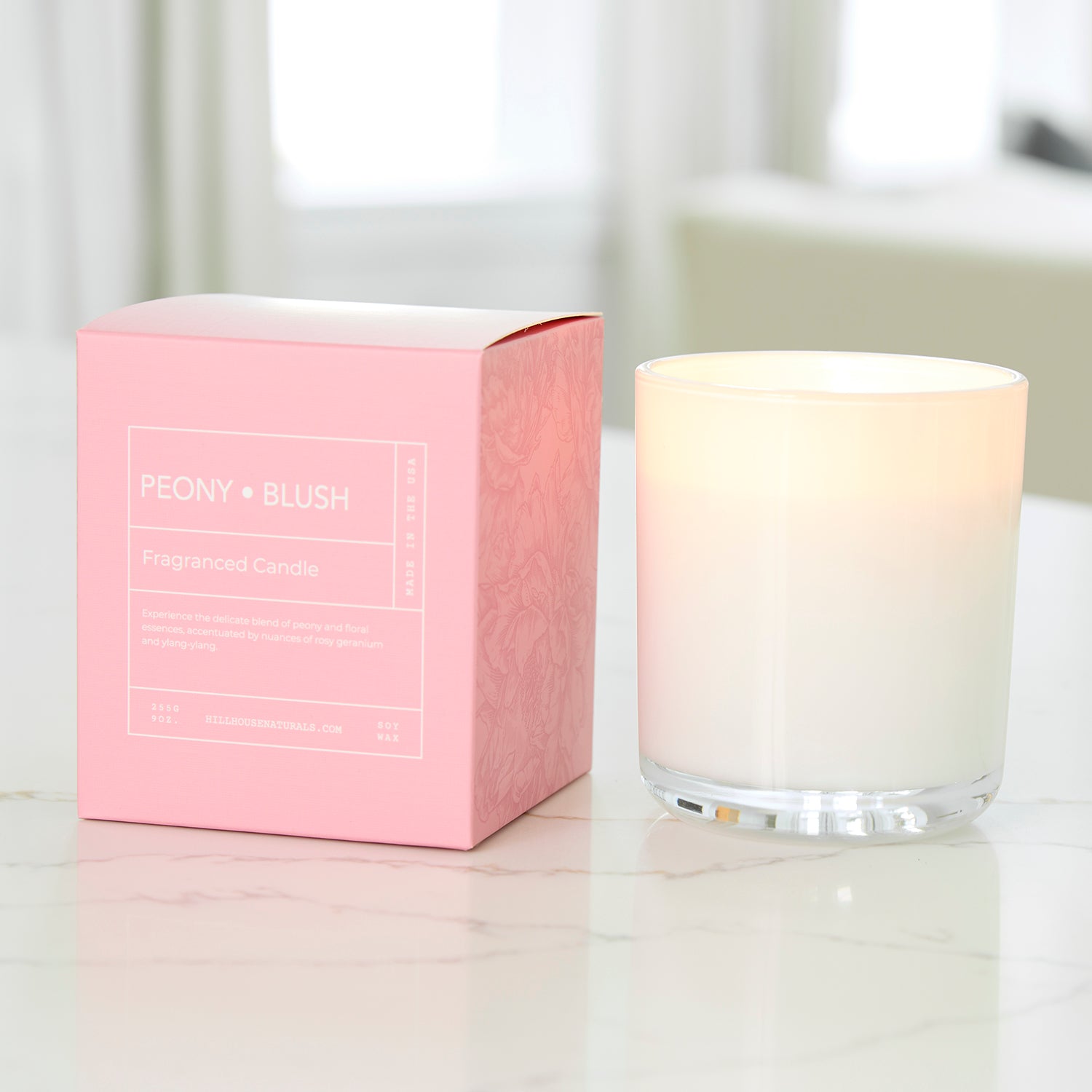 Peony Blush candle in white glass in box 9oz.