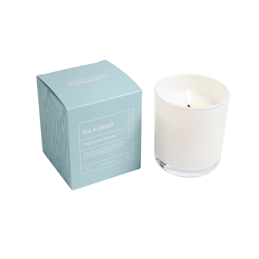 Sea Grass candle in white glass with box 9oz.