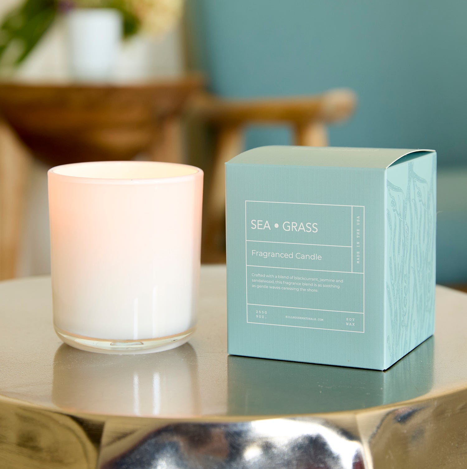 Sea Grass candle in white glass with box 9oz.