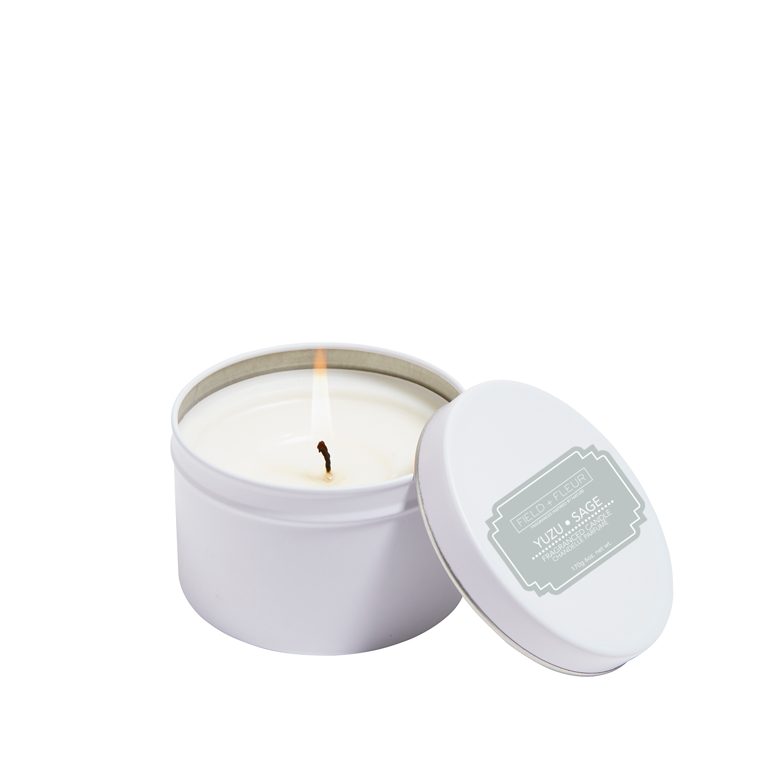 Yuzu Sage candle in white tin 6oz.
