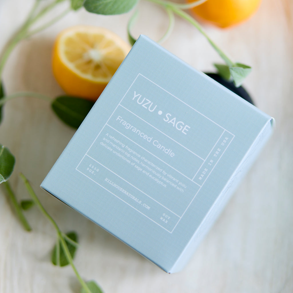 Yuzu Sage candle in white glass in box 9oz.