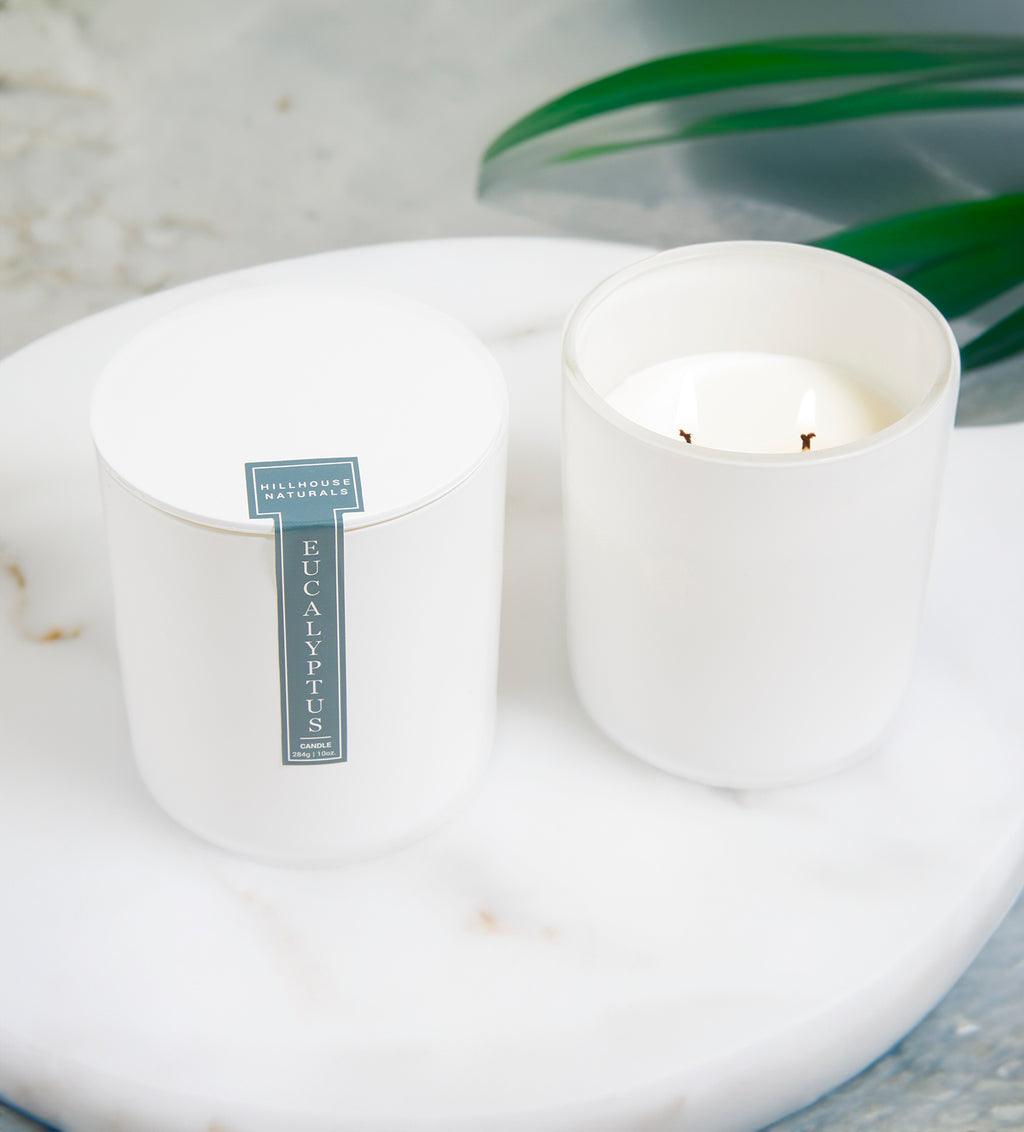 Eucalyptus 2 wick candle in modern white vessel w/lid 10oz.