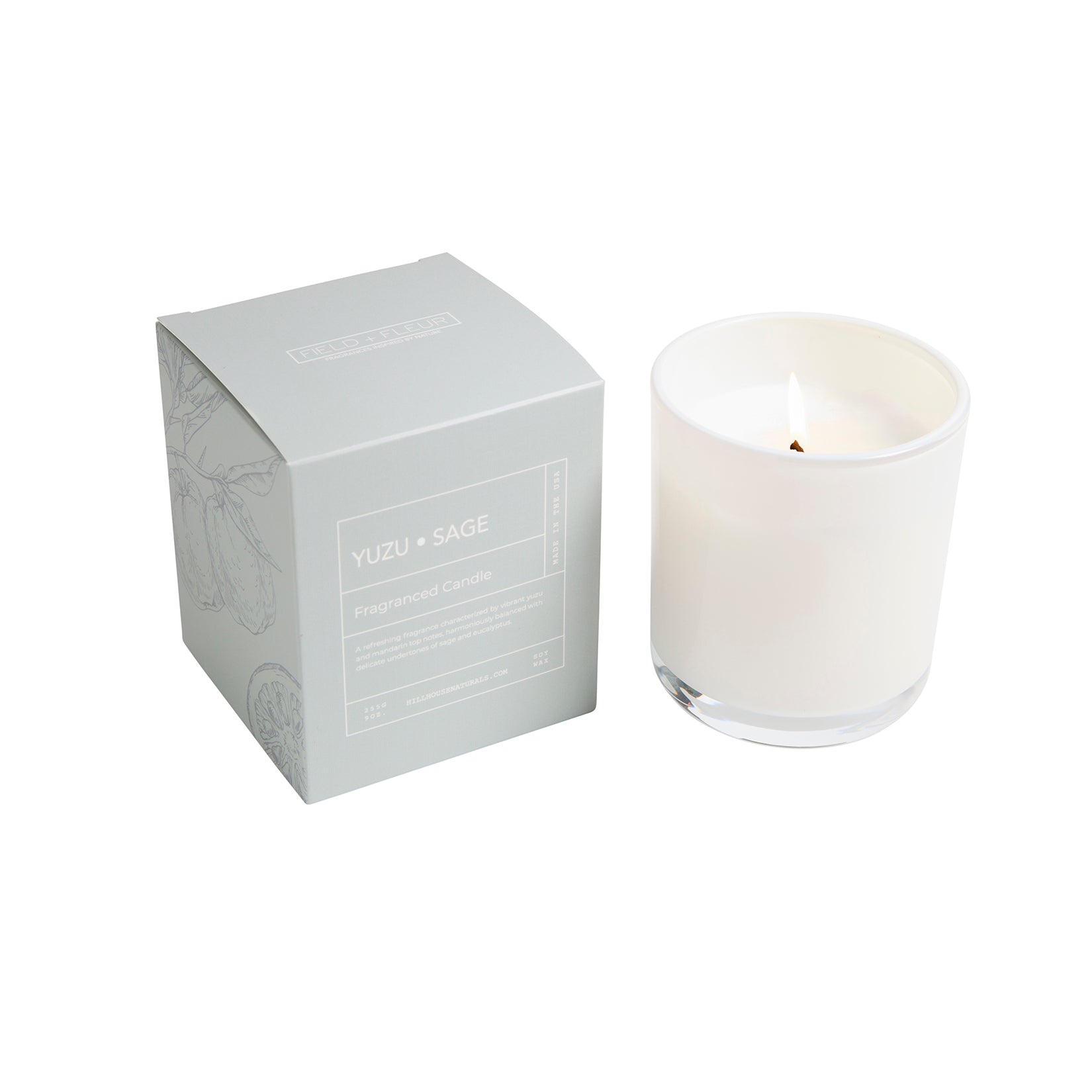 Yuzu Sage candle in white glass in box 9oz.