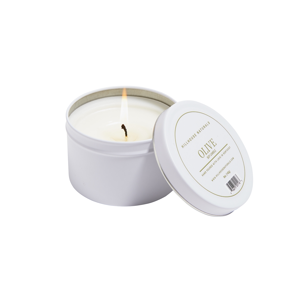 Olive candle in white tin 5oz.